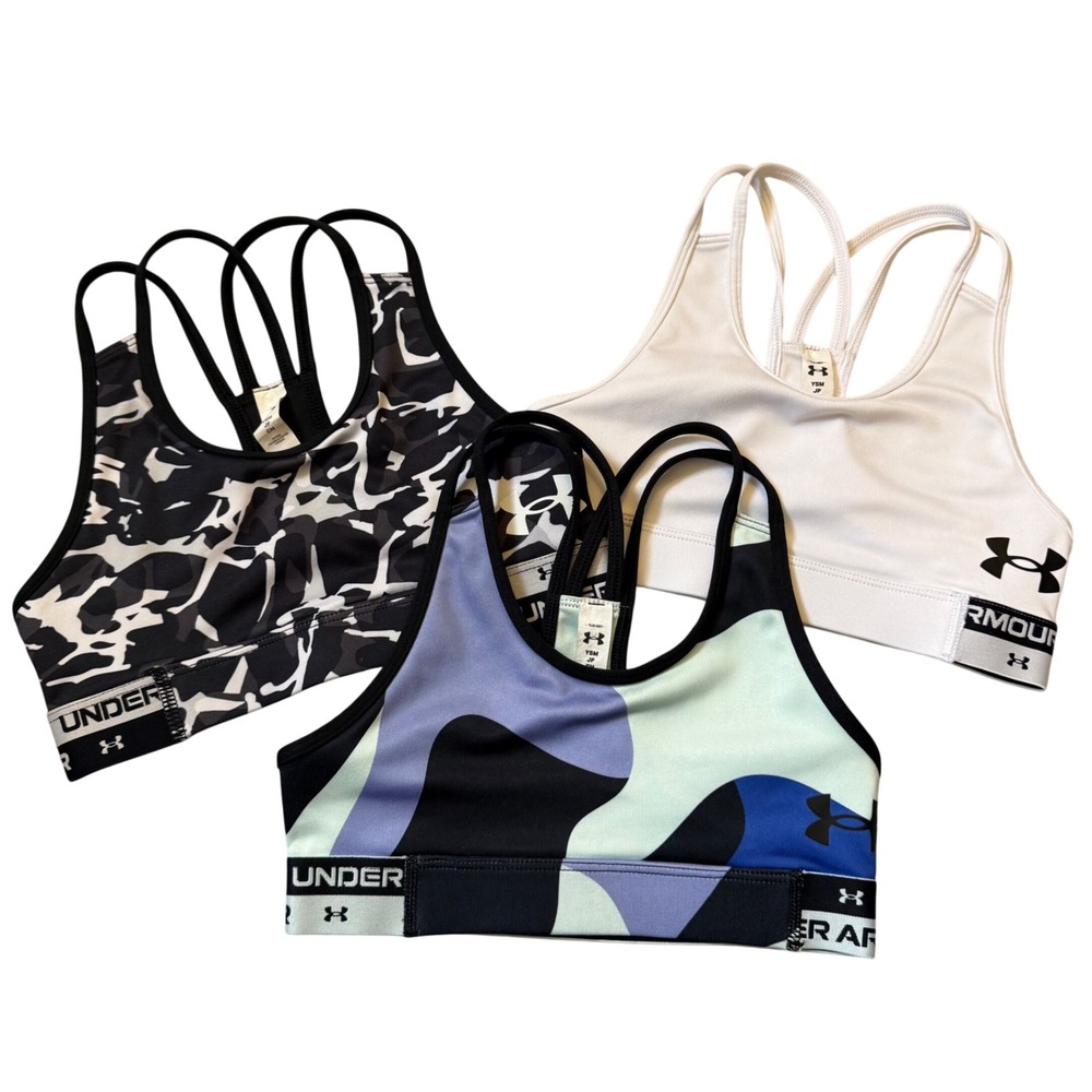 Under Armour Girls HeatGear Mid Sports Bra 3 Pack Camo White Blue YSM Small